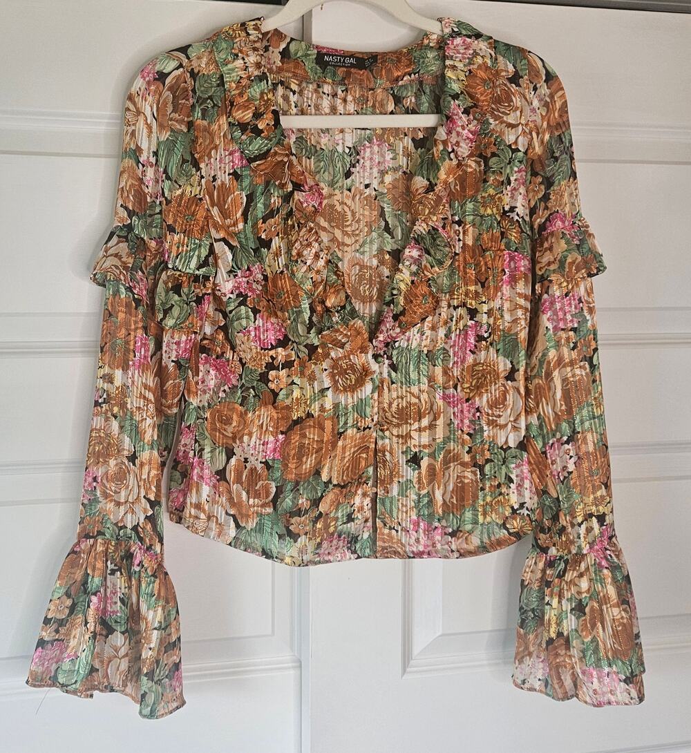 Nasty Gal Floral Shimmer Ruffle Plunge Blouse Orange Green Pleated Top Size 2